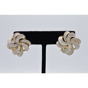 AD Vintage Bow Clip On Earrings Brushed Gold Silver Glitter Holiday Signed BinZ